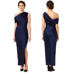 NICHOLAS Eartha Draped Dark Ink Navy Satin Gown